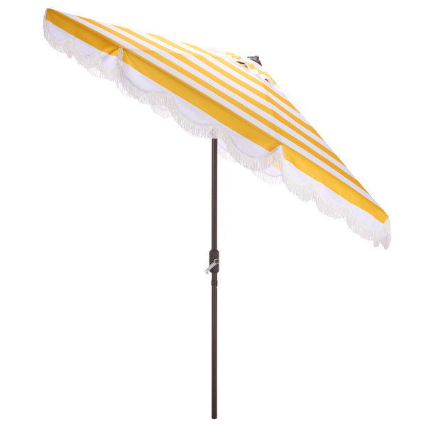 Lucerna 9 Ft Crank Patio Umbrella With Bold Stripe Canopy And Brown Metal Pole For Durable Shade