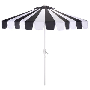Meze 9 Ft Crank Patio Umbrella With Black-Striped Canopy And White Pole, Uv-Resistant Durable Shade