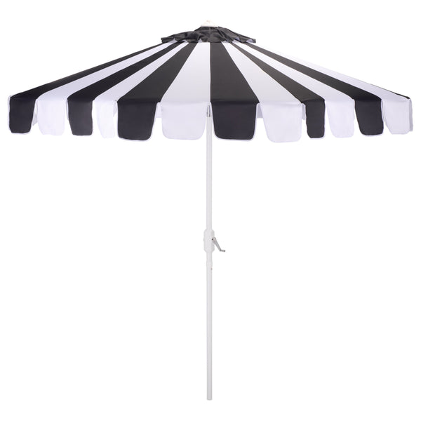 Meze 9 Ft Crank Patio Umbrella With Black-Striped Canopy And White Pole, Uv-Resistant Durable Shade