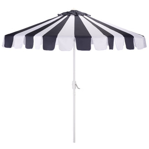 Meze 9 Ft Crank Patio Umbrella With Black-Striped Canopy And White Pole, Uv-Resistant Durable Shade