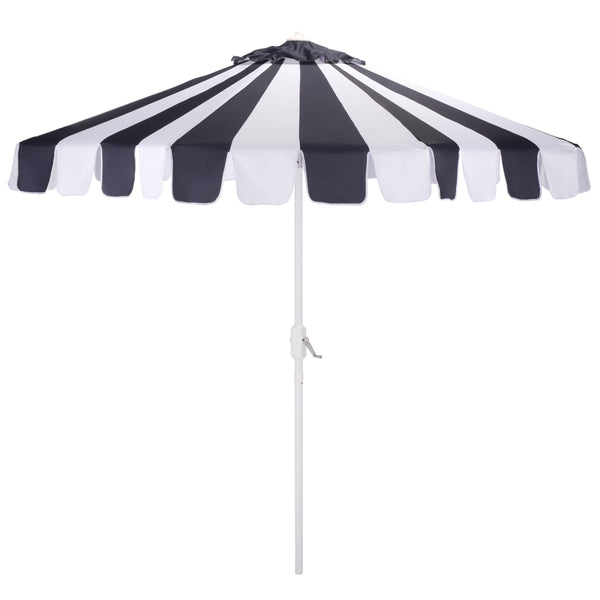 Meze 9 Ft Crank Patio Umbrella With Black-Striped Canopy And White Pole, Uv-Resistant Durable Shade