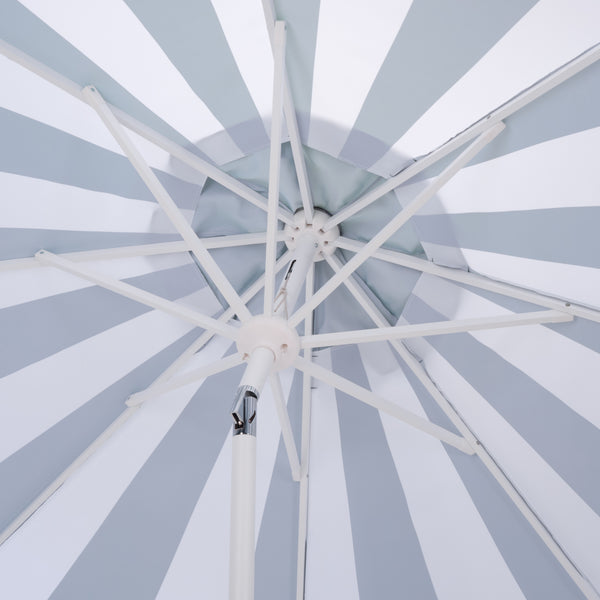 Meze 9 Ft Crank Patio Umbrella With Black-Striped Canopy And White Pole, Uv-Resistant Durable Shade