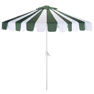 Meze 9 Ft Crank Patio Umbrella With Black-Striped Canopy And White Pole, Uv-Resistant Durable Shade