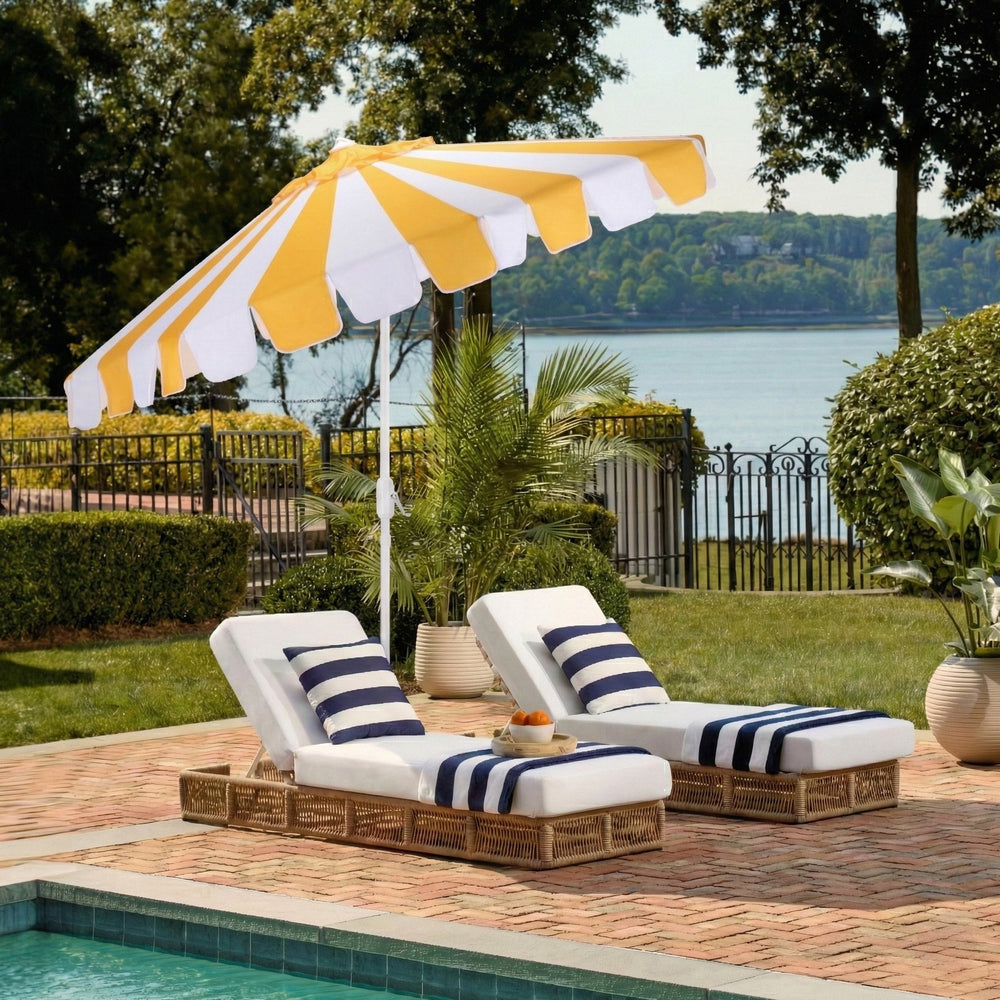 Meze 9 Ft Crank Patio Umbrella With Black-Striped Canopy And White Pole, Uv-Resistant Durable Shade