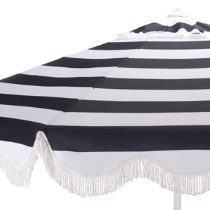 Lucerna 9 Ft Crank Umbrella With Black Stripe Canopy And White Pole — Durable Metal Frame, Smooth Operation