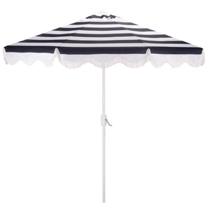 Lucerna 9 Ft Crank Umbrella With Black Stripe Canopy And White Pole — Durable Metal Frame, Smooth Operation
