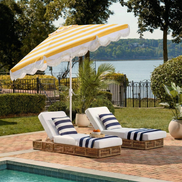 Lucerna 9 Ft Crank Umbrella With Black Stripe Canopy And White Pole — Durable Metal Frame, Smooth Operation