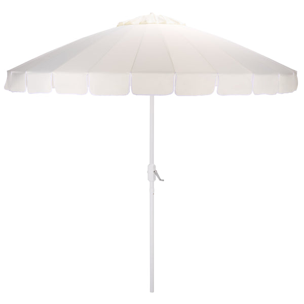 Panza 9 Ft Crank Patio Umbrella, Ivory Canopy With White Pole, Durable Metal Frame, Easy Crank Operation