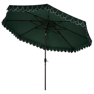 Safavieh Elegant 11 Ft Round Outdoor Umbrella with Scalloped Valance Aluminum Frame UV Resistant Green PAT8106H