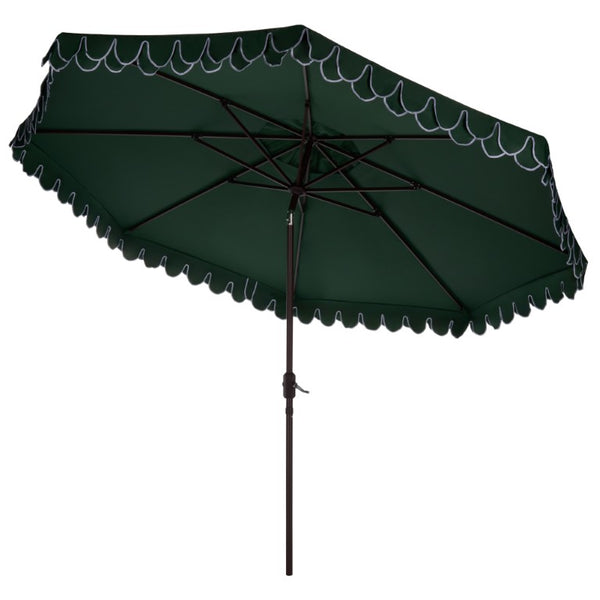 Safavieh Elegant 11 Ft Round Outdoor Umbrella with Scalloped Valance Aluminum Frame UV Resistant Green PAT8106H