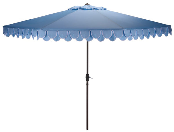 Safavieh Elegant 11 Ft Round Outdoor Umbrella with Scalloped Valance Aluminum Frame UV Resistant Blue PAT8106U