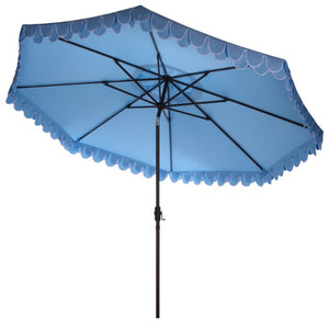 Safavieh Elegant 11 Ft Round Outdoor Umbrella with Scalloped Valance Aluminum Frame UV Resistant Blue PAT8106U