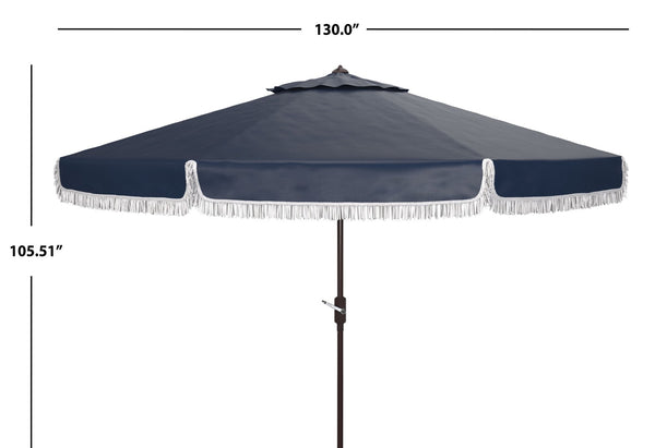 Safavieh MILAN Fringe 11FT Round Crank Umbrella - Stylish Shade for Outdoor Entertaining & Poolside Lounging Navy / White PAT8108A