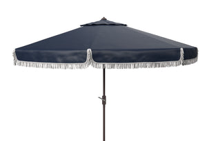 Safavieh MILAN Fringe 11FT Round Crank Umbrella - Stylish Shade for Outdoor Entertaining & Poolside Lounging Navy / White PAT8108A