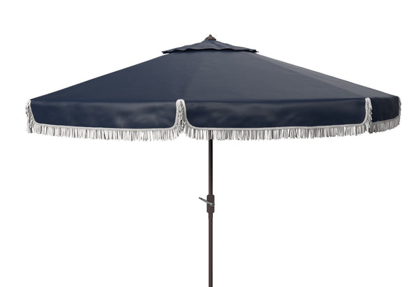 Safavieh MILAN Fringe 11FT Round Crank Umbrella - Stylish Shade for Outdoor Entertaining & Poolside Lounging Navy / White PAT8108A