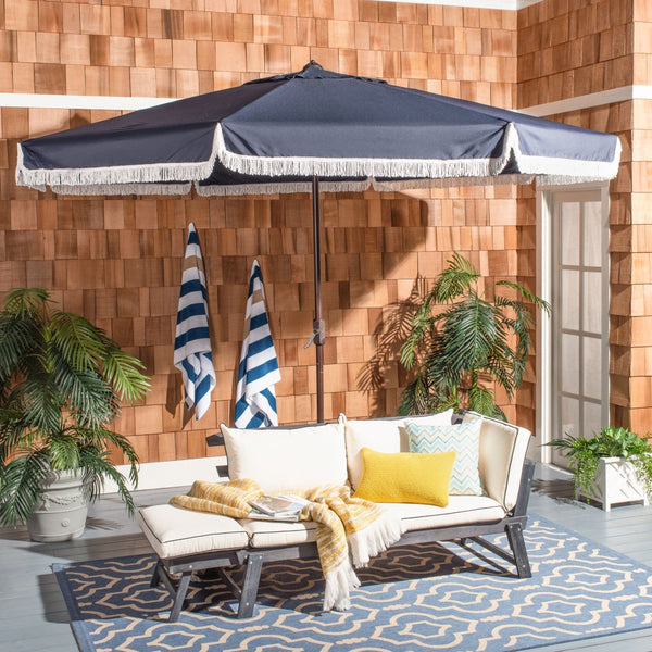 Safavieh MILAN Fringe 11FT Round Crank Umbrella - Stylish Shade for Outdoor Entertaining & Poolside Lounging Navy / White PAT8108A