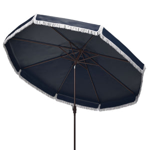 Safavieh MILAN Fringe 11FT Round Crank Umbrella - Stylish Shade for Outdoor Entertaining & Poolside Lounging Navy / White PAT8108A