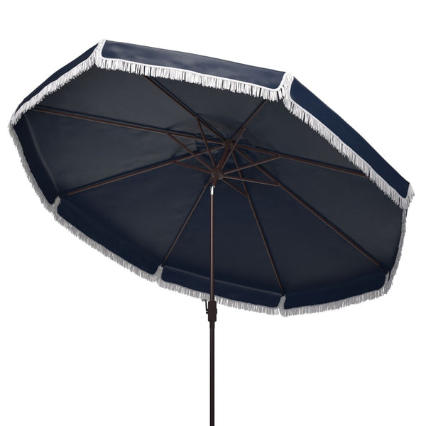 Safavieh MILAN Fringe 11FT Round Crank Umbrella - Stylish Shade for Outdoor Entertaining & Poolside Lounging Navy / White PAT8108A