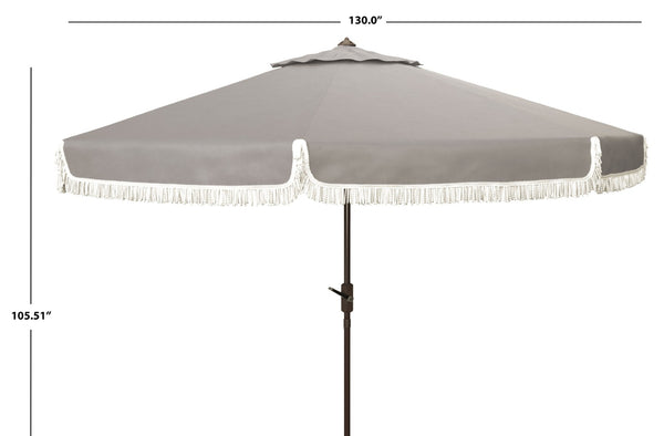 Safavieh MILAN Fringe 11FT Round Crank Umbrella - Stylish Shade for Outdoor Entertaining & Poolside Lounging Grey PAT8108B