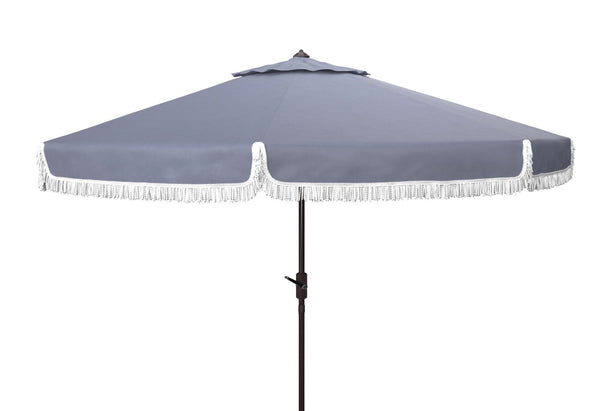 Safavieh MILAN Fringe 11FT Round Crank Umbrella - Stylish Shade for Outdoor Entertaining & Poolside Lounging Grey PAT8108B