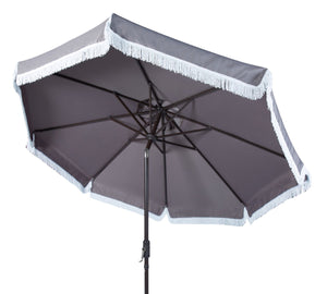 Safavieh MILAN Fringe 11FT Round Crank Umbrella - Stylish Shade for Outdoor Entertaining & Poolside Lounging Grey PAT8108B