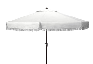Safavieh MILAN Fringe 11FT Round Crank Umbrella - Stylish Shade for Outdoor Entertaining & Poolside Lounging Ivory PAT8108C