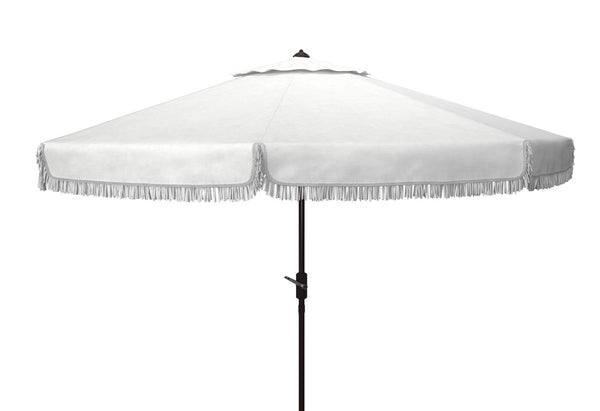 Safavieh MILAN Fringe 11FT Round Crank Umbrella - Stylish Shade for Outdoor Entertaining & Poolside Lounging Ivory PAT8108C