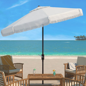 Safavieh MILAN Fringe 11FT Round Crank Umbrella - Stylish Shade for Outdoor Entertaining & Poolside Lounging Ivory PAT8108C