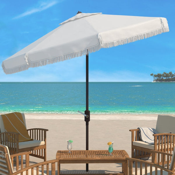 Safavieh MILAN Fringe 11FT Round Crank Umbrella - Stylish Shade for Outdoor Entertaining & Poolside Lounging Ivory PAT8108C