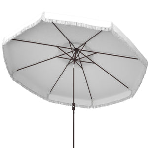 Safavieh MILAN Fringe 11FT Round Crank Umbrella - Stylish Shade for Outdoor Entertaining & Poolside Lounging Ivory PAT8108C