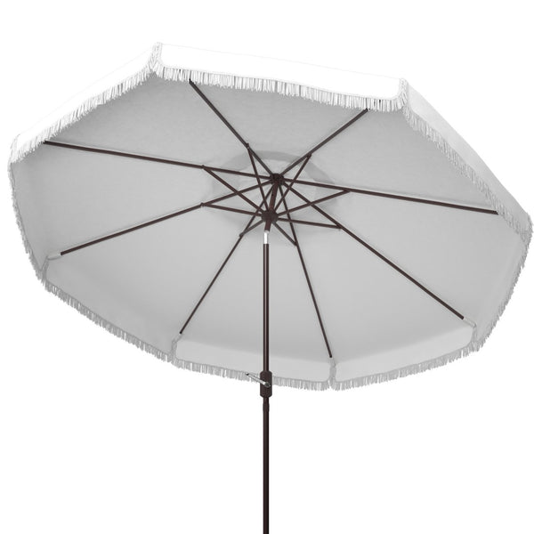 Safavieh MILAN Fringe 11FT Round Crank Umbrella - Stylish Shade for Outdoor Entertaining & Poolside Lounging Ivory PAT8108C