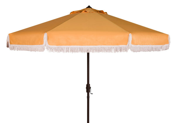 Safavieh MILAN Fringe 11FT Round Crank Umbrella - Stylish Shade for Outdoor Entertaining & Poolside Lounging Yellow PAT8108D