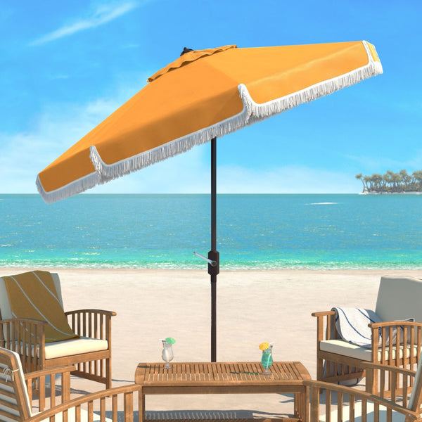 Safavieh MILAN Fringe 11FT Round Crank Umbrella - Stylish Shade for Outdoor Entertaining & Poolside Lounging Yellow PAT8108D