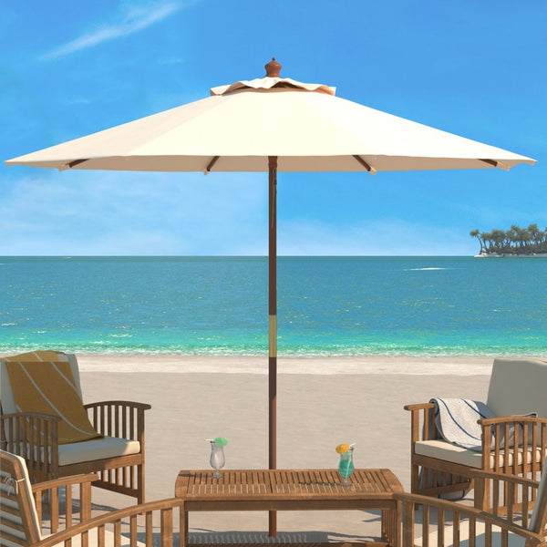 Safavieh CANNES 11ft Wooden Pulley Market Umbrella - Timeless Shade Solution for Patios and Gardens Beige PAT8109A