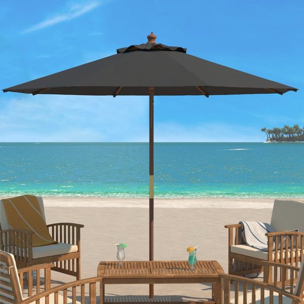 Safavieh CANNES 11ft Wooden Pulley Market Umbrella - Timeless Shade Solution for Patios and Gardens Grey PAT8109B