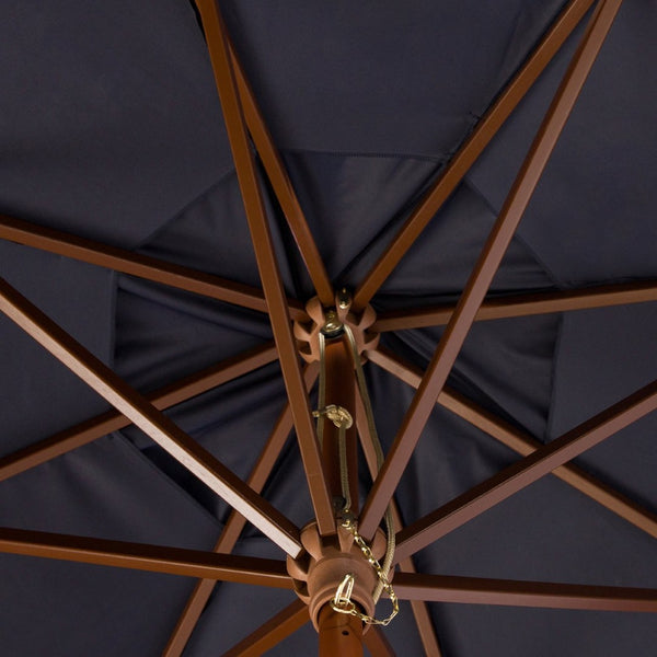 Safavieh CANNES 11ft Wooden Pulley Market Umbrella - Timeless Shade Solution for Patios and Gardens Navy PAT8109C