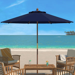 Safavieh CANNES 11ft Wooden Pulley Market Umbrella - Timeless Shade Solution for Patios and Gardens Navy PAT8109C
