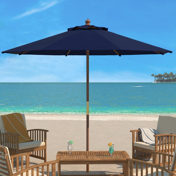 Safavieh CANNES 11ft Wooden Pulley Market Umbrella - Timeless Shade Solution for Patios and Gardens Navy PAT8109C