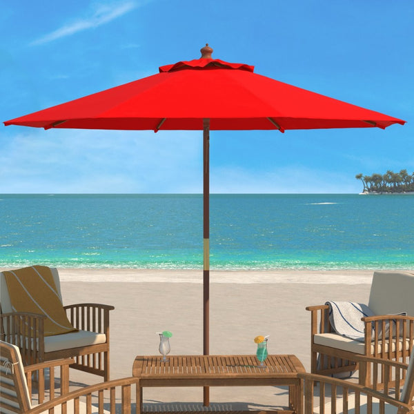 Safavieh CANNES 11ft Wooden Pulley Market Umbrella - Timeless Shade Solution for Patios and Gardens Red PAT8109D
