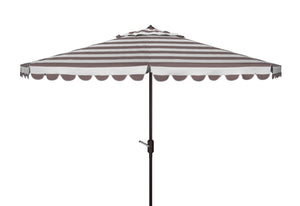 Safavieh VIENNA 11ft Auto Tilt Umbrella - Chic Scallop-Stripe Design for Elegant Outdoor Shade Solutions Grey / White PAT8111B