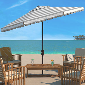 Safavieh VIENNA 11ft Auto Tilt Umbrella - Chic Scallop-Stripe Design for Elegant Outdoor Shade Solutions Grey / White PAT8111B