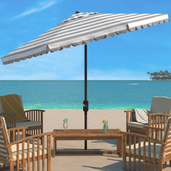 Safavieh VIENNA 11ft Auto Tilt Umbrella - Chic Scallop-Stripe Design for Elegant Outdoor Shade Solutions Grey / White PAT8111B