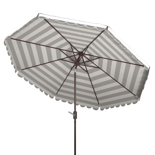 Safavieh VIENNA 11ft Auto Tilt Umbrella - Chic Scallop-Stripe Design for Elegant Outdoor Shade Solutions Grey / White PAT8111B