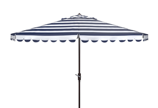 Safavieh VIENNA 11ft Auto Tilt Umbrella - Chic Scallop-Stripe Design for Elegant Outdoor Shade Solutions Navy / White PAT8111C