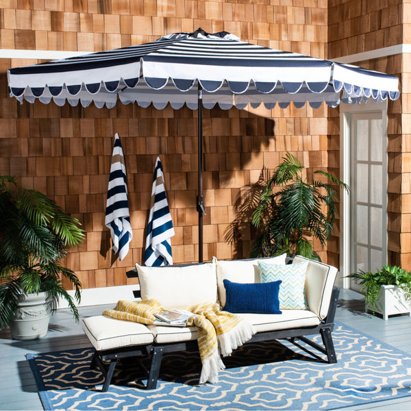 Safavieh VIENNA 11ft Auto Tilt Umbrella - Chic Scallop-Stripe Design for Elegant Outdoor Shade Solutions Navy / White PAT8111C