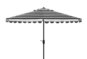 Safavieh VIENNA 11ft Auto Tilt Umbrella - Chic Scallop-Stripe Design for Elegant Outdoor Shade Solutions Black / White PAT8111D