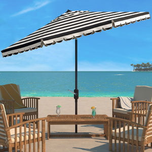 Safavieh VIENNA 11ft Auto Tilt Umbrella - Chic Scallop-Stripe Design for Elegant Outdoor Shade Solutions Black / White PAT8111D