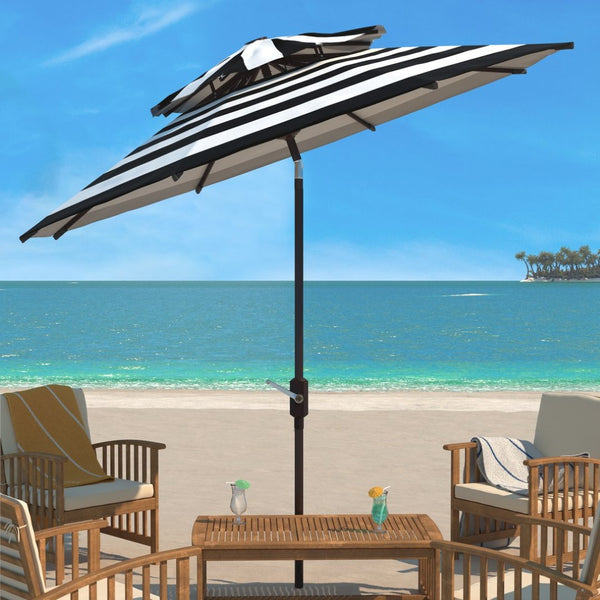 Safavieh IRIS FASHION LINE 9FT Double-Top Patio Umbrella - Chic Art Deco Stripes for Stylish Outdoor Spaces Black / White PAT8204A