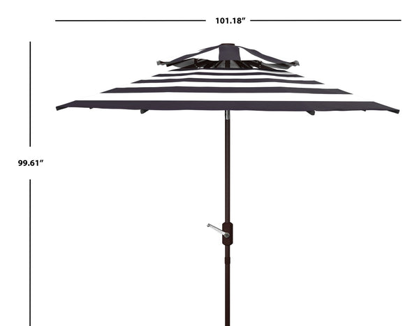 Safavieh IRIS FASHION LINE 9FT Double-Top Patio Umbrella - Chic Art Deco Stripes for Stylish Outdoor Spaces Navy / White PAT8204B
