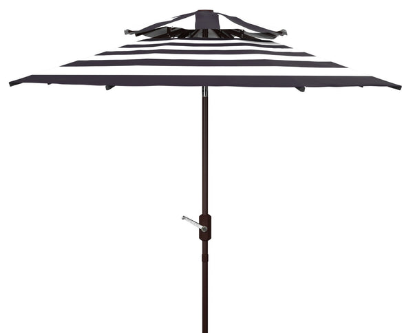 Safavieh IRIS FASHION LINE 9FT Double-Top Patio Umbrella - Chic Art Deco Stripes for Stylish Outdoor Spaces Navy / White PAT8204B